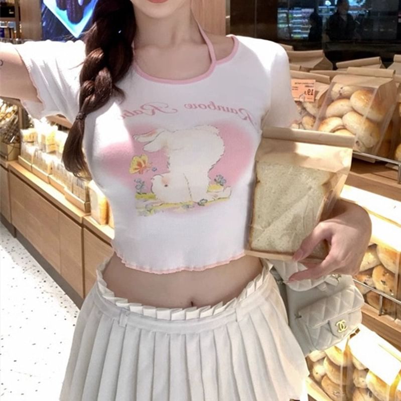 Short-Sleeve Halter Cartoon Lettering Print T-Shirt