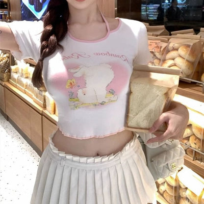 Short-Sleeve Halter Cartoon Lettering Print T-Shirt