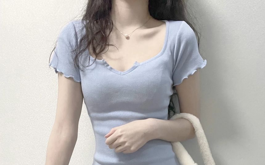 Short-Sleeve Notch Neck Plain Lettuce Edge Mini Sheath Dress