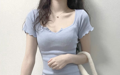 Short-Sleeve Notch Neck Plain Lettuce Edge Mini Sheath Dress