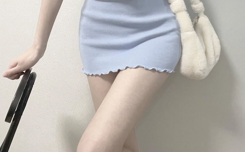 Short-Sleeve Notch Neck Plain Lettuce Edge Mini Sheath Dress