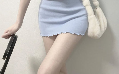 Short-Sleeve Notch Neck Plain Lettuce Edge Mini Sheath Dress