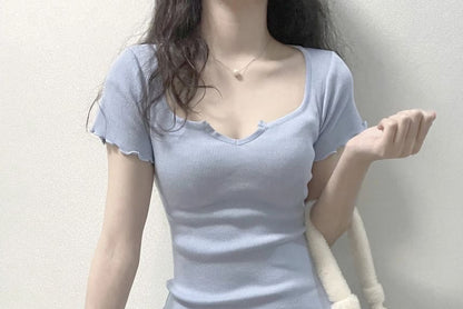 Short-Sleeve Notch Neck Plain Lettuce Edge Mini Sheath Dress