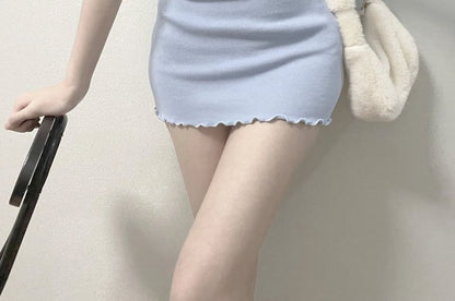 Short-Sleeve Notch Neck Plain Lettuce Edge Mini Sheath Dress