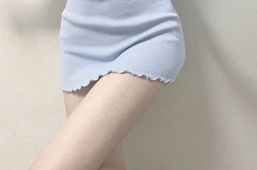 Short-Sleeve Notch Neck Plain Lettuce Edge Mini Sheath Dress