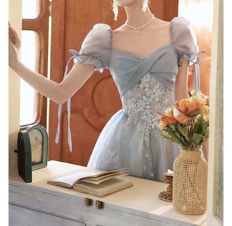 Short-Sleeve Butterfly Print A-Line Evening Gown
