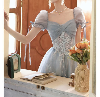 Short-Sleeve Butterfly Print A-Line Evening Gown