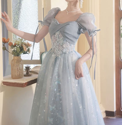Short-Sleeve Butterfly Print A-Line Evening Gown