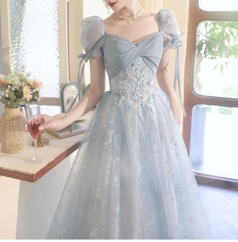 Short-Sleeve Butterfly Print A-Line Evening Gown