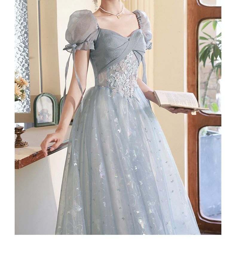 Short-Sleeve Butterfly Print A-Line Evening Gown