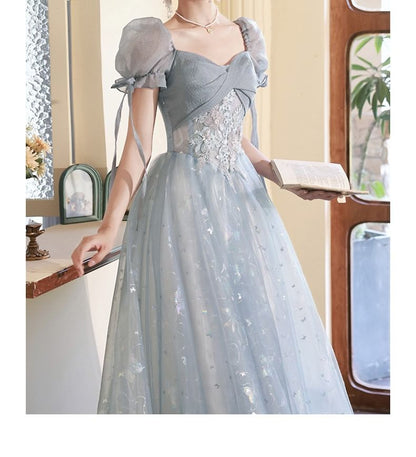 Short-Sleeve Butterfly Print A-Line Evening Gown