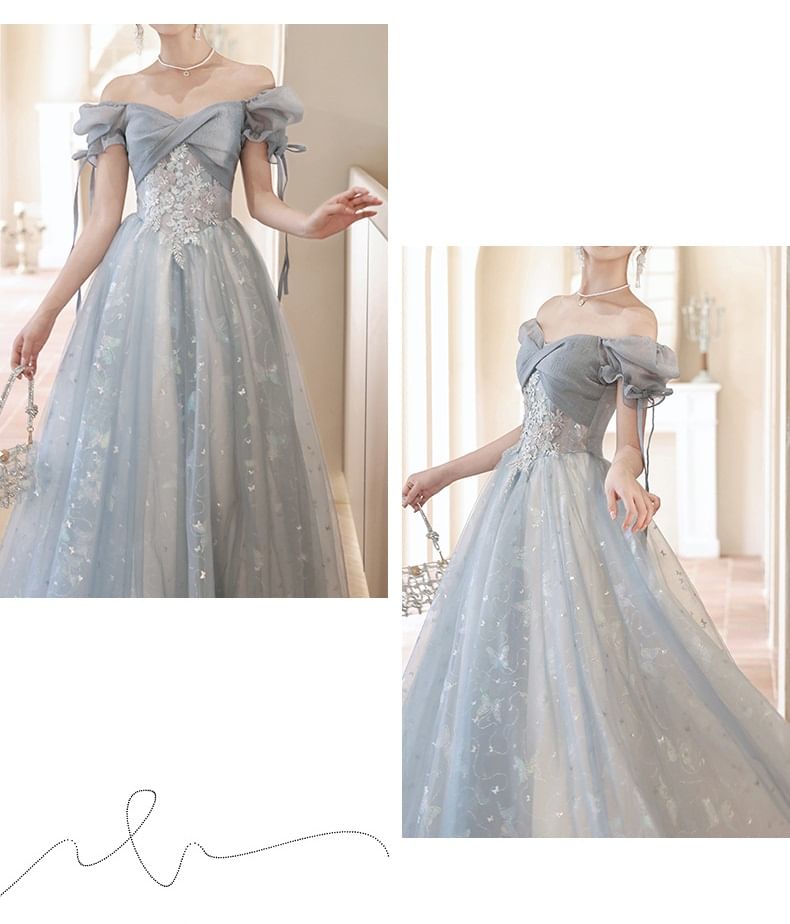 Short-Sleeve Butterfly Print A-Line Evening Gown