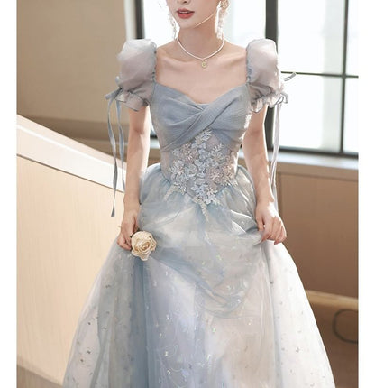 Short-Sleeve Butterfly Print A-Line Evening Gown