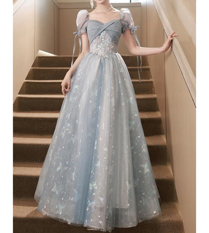 Short-Sleeve Butterfly Print A-Line Evening Gown