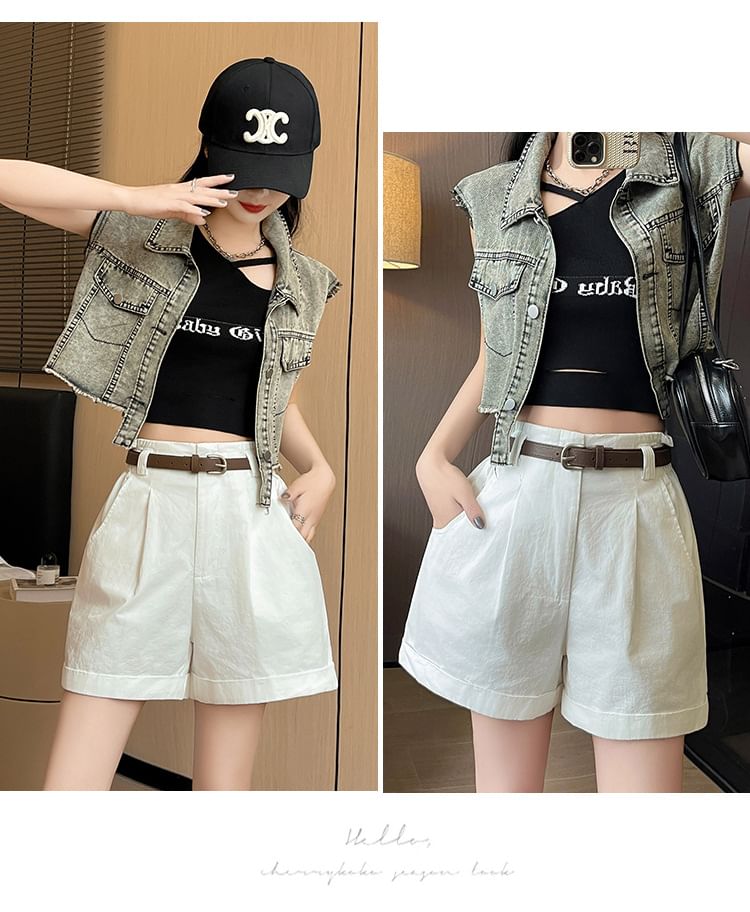 High Waist Pleated Casual Shorts With Rolled Hem Egirldoll