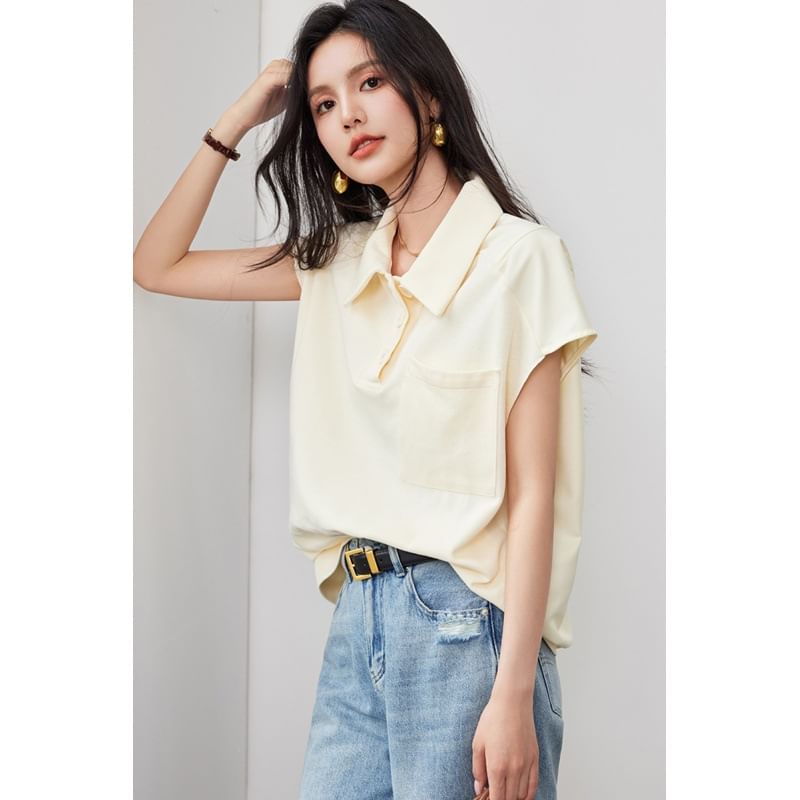 Short Sleeve Solid Color Pocket Loose Polo Shirt Egirldoll