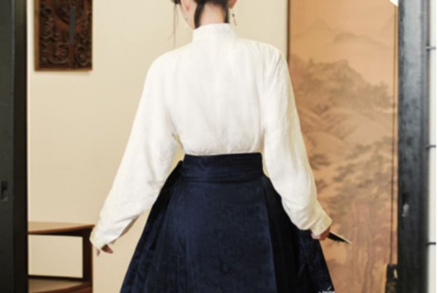 Long-Sleeve Plain Hanfu Top / High Waist Floral Maxi Ma Mian Skirt / Set