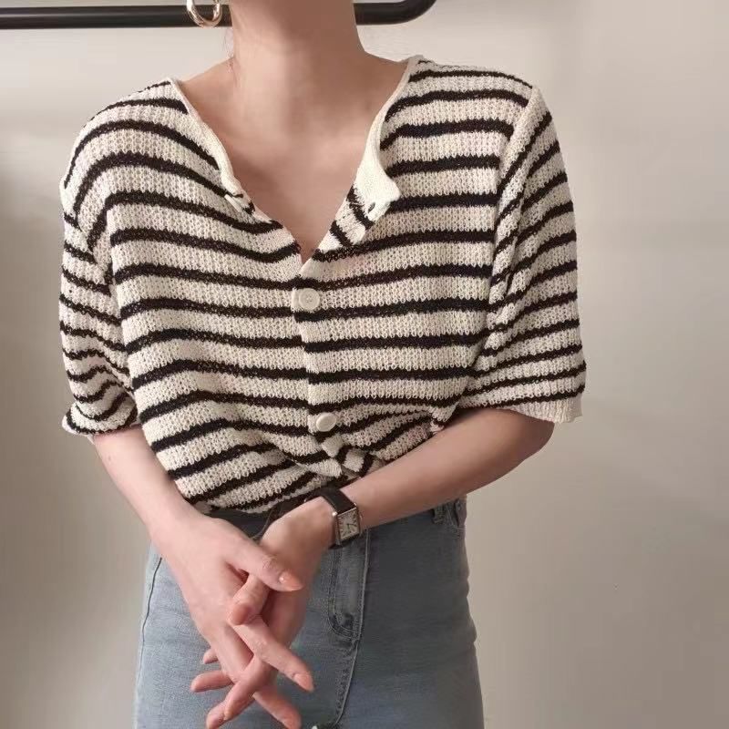 Short-Sleeve Striped Button-Up Cardigan