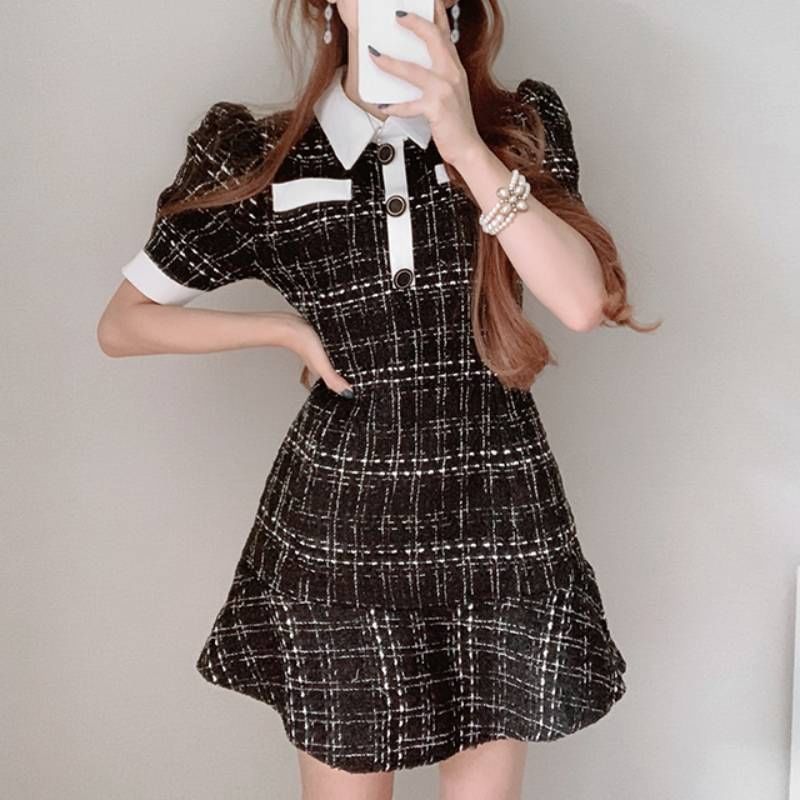 Short-Sleeve Collared Tweed Mini A-Line Dress