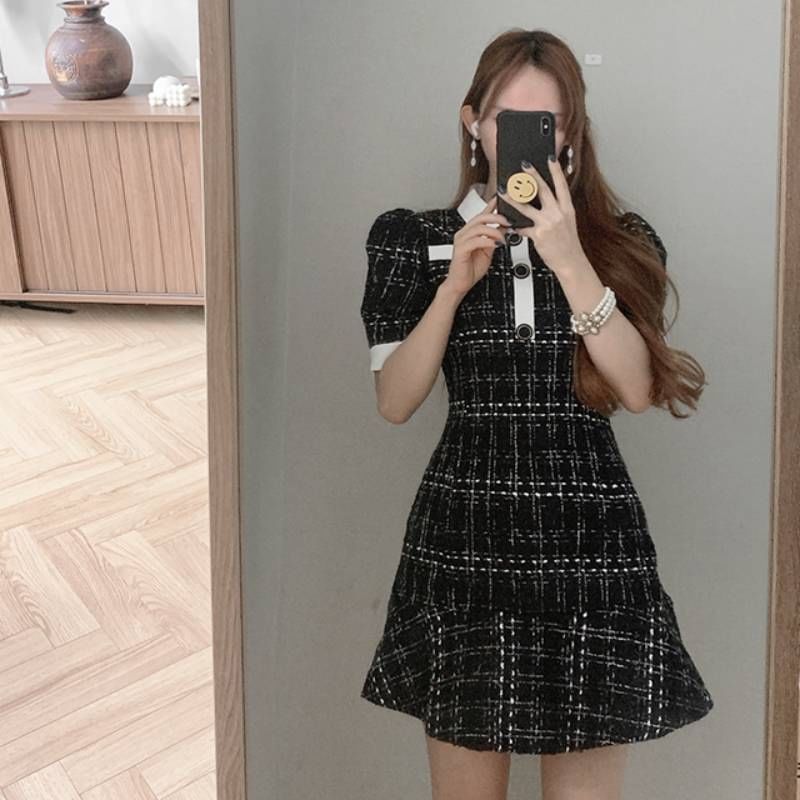 Short-Sleeve Collared Tweed Mini A-Line Dress