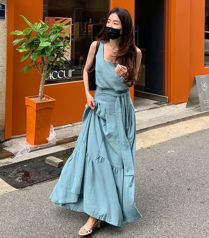 Sleeveless Square Neck Denim Top / High Rise Maxi A-Line Skirt