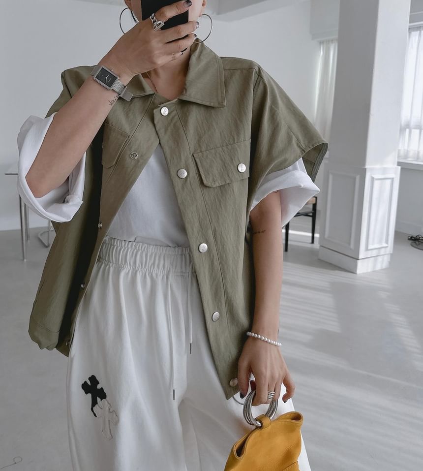 Short-Sleeve Button-Up Plain Shirt