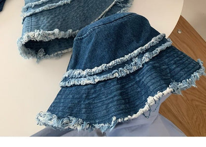 Hat Bucket Distressed Fringed Denim