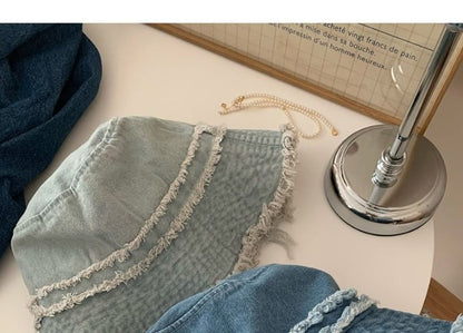 Hat Bucket Distressed Fringed Denim