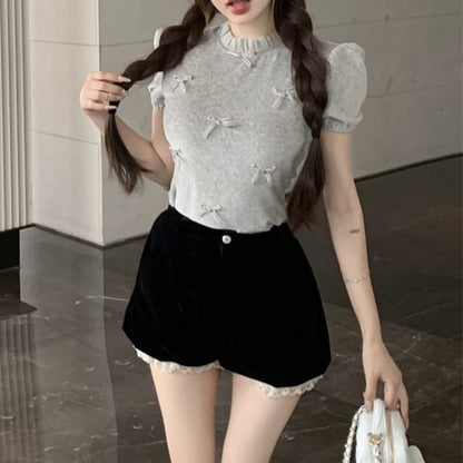 Short Sleeve Crew Neck Plain Bow Frill Top / High Waist Panel Velvet Shorts