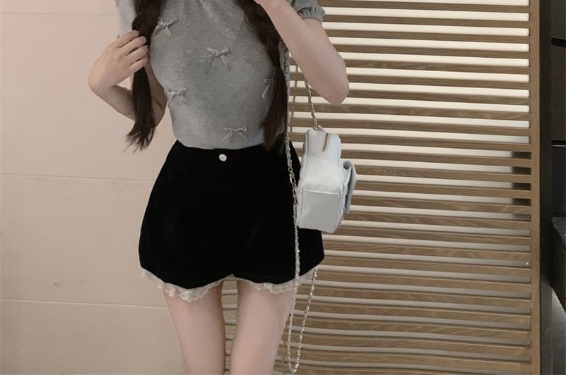 Short Sleeve Crew Neck Plain Bow Frill Top / High Waist Panel Velvet Shorts