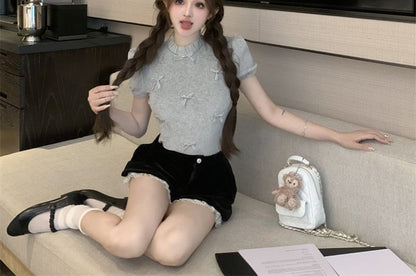 Short Sleeve Crew Neck Plain Bow Frill Top / High Waist Panel Velvet Shorts