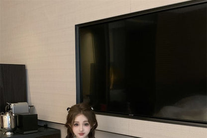 Short Sleeve Crew Neck Plain Bow Frill Top / High Waist Panel Velvet Shorts