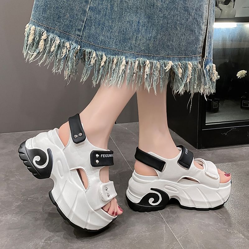 Platform Adhesive Strap Two Tone Studded Slingback Sandals