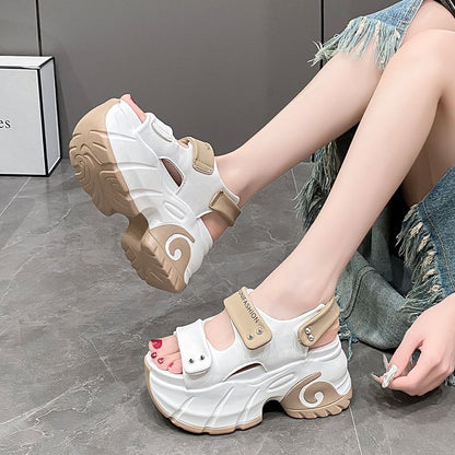 Platform Adhesive Strap Two Tone Studded Slingback Sandals