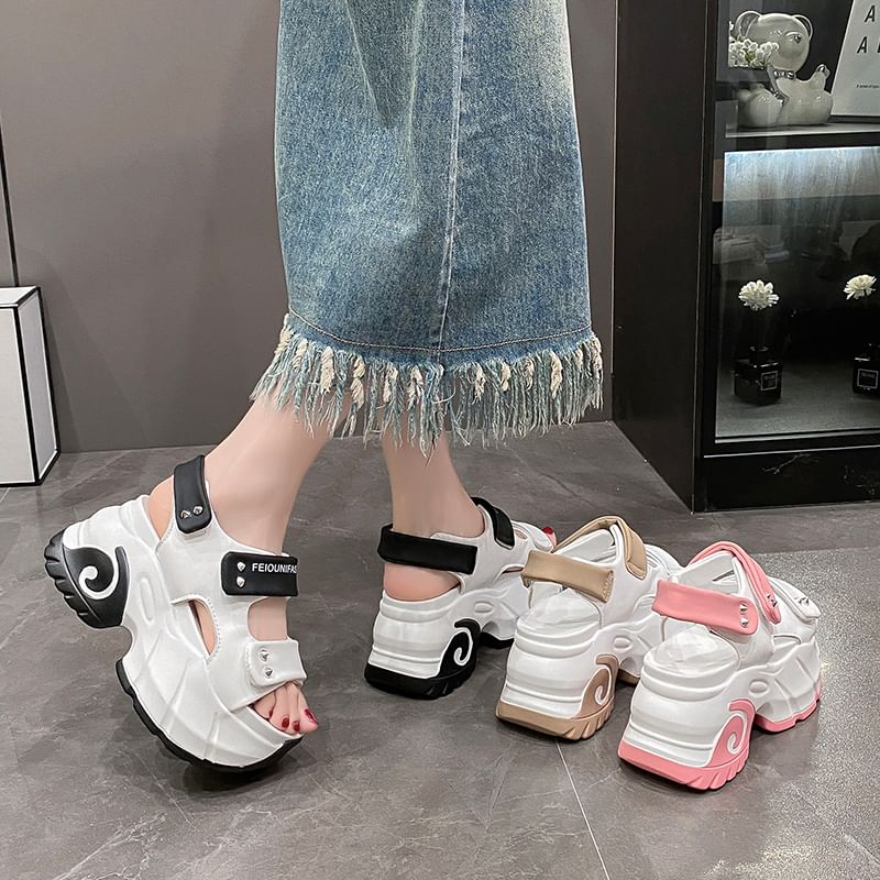 Platform Adhesive Strap Two Tone Studded Slingback Sandals