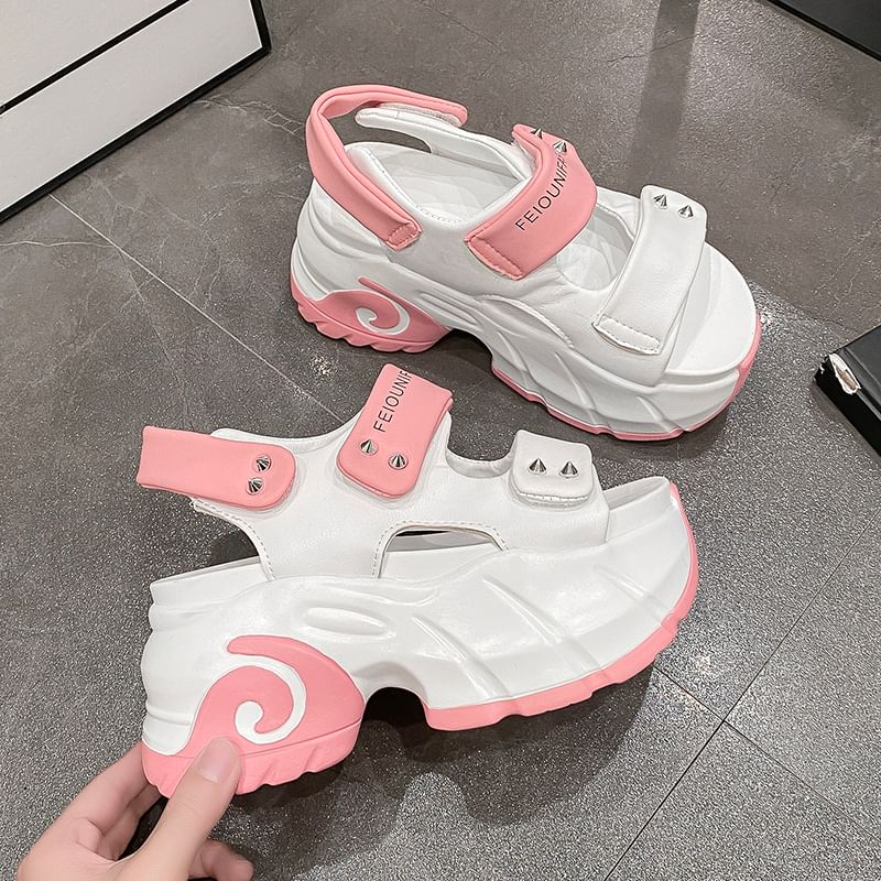 Platform Adhesive Strap Two Tone Studded Slingback Sandals