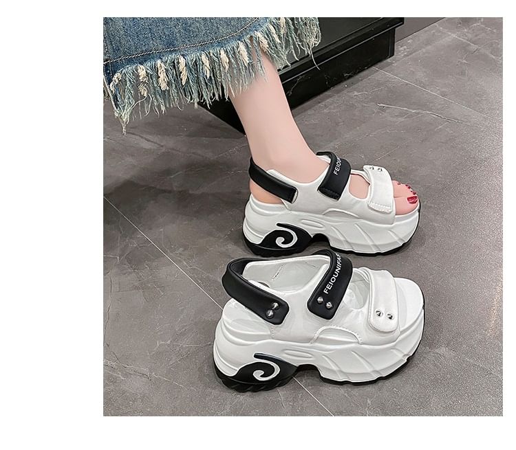 Platform Adhesive Strap Two Tone Studded Slingback Sandals