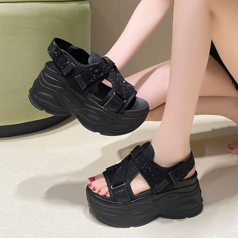 Platform Adhesive Strap Rhinestone Mesh Slingback Sandals