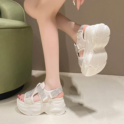 Platform Adhesive Strap Rhinestone Mesh Slingback Sandals