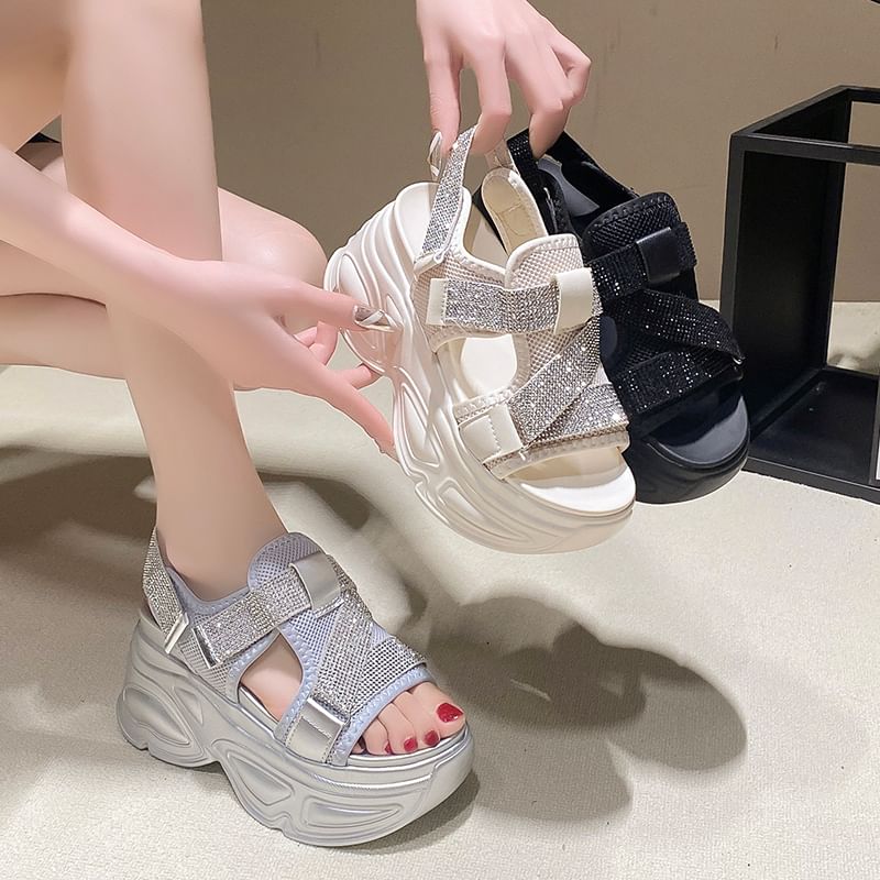 Platform Adhesive Strap Rhinestone Mesh Slingback Sandals