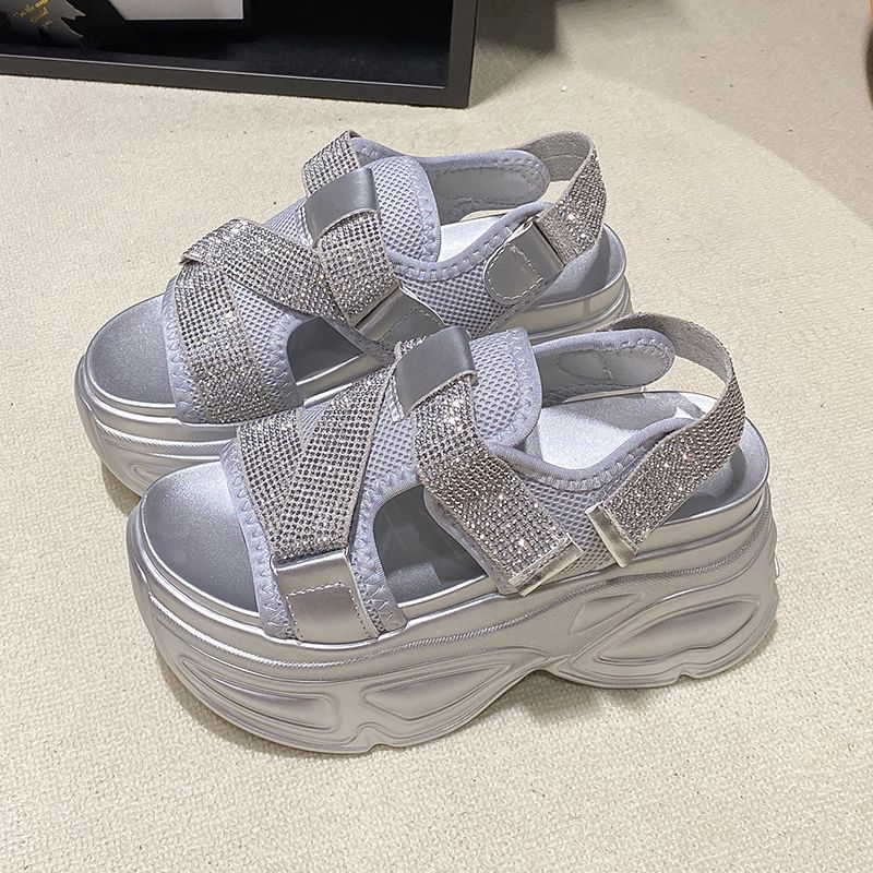 Platform Adhesive Strap Rhinestone Mesh Slingback Sandals