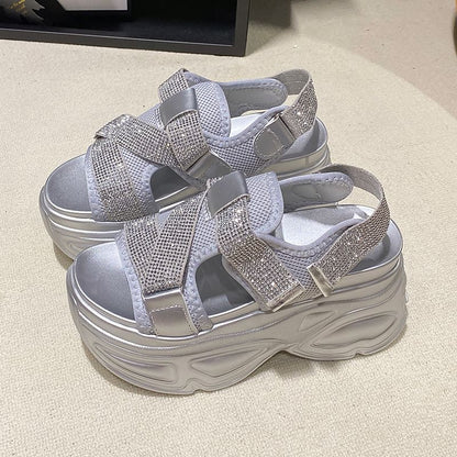 Platform Adhesive Strap Rhinestone Mesh Slingback Sandals