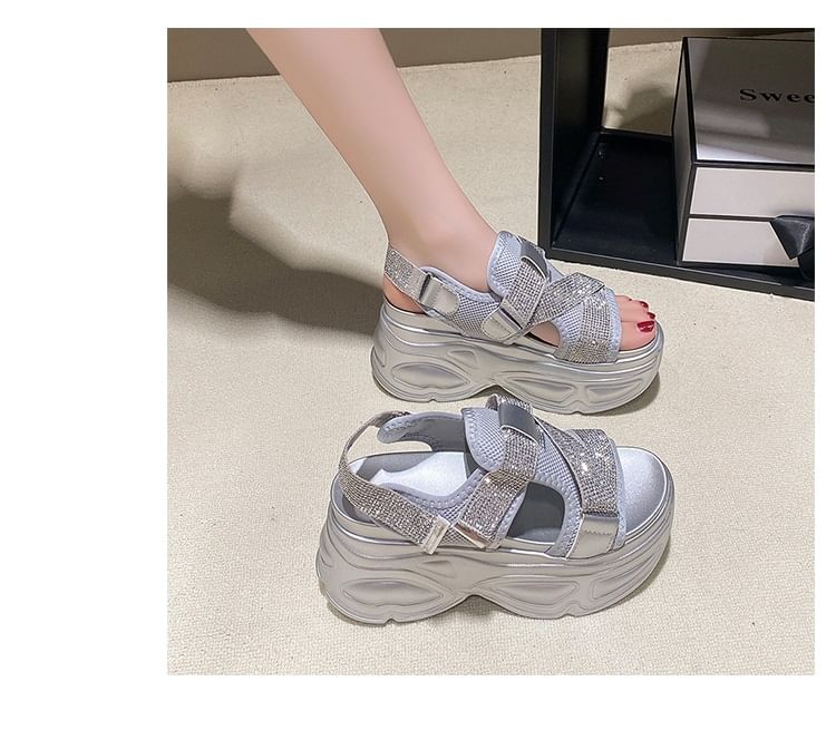 Platform Adhesive Strap Rhinestone Mesh Slingback Sandals