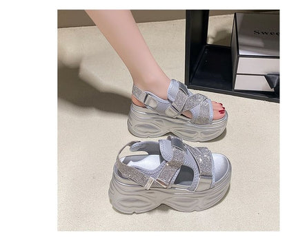 Platform Adhesive Strap Rhinestone Mesh Slingback Sandals