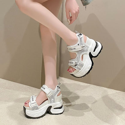 Wedge Heel Adhesive Strap Lettering Print Mesh Slingback Sandals