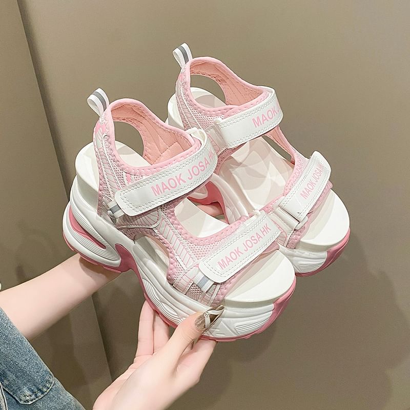 Wedge Heel Adhesive Strap Lettering Print Mesh Slingback Sandals