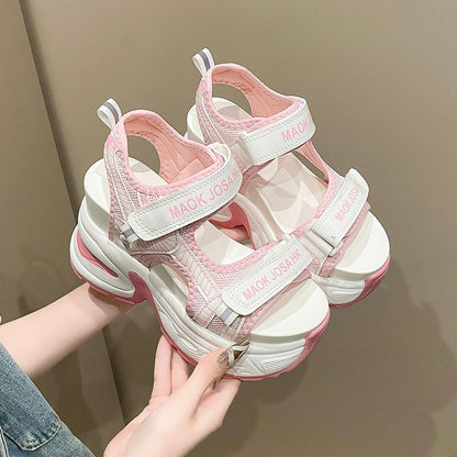 Wedge Heel Adhesive Strap Lettering Print Mesh Slingback Sandals