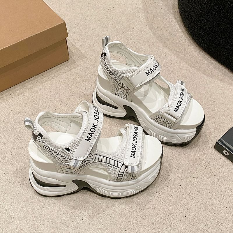 Wedge Heel Adhesive Strap Lettering Print Mesh Slingback Sandals