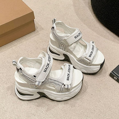 Wedge Heel Adhesive Strap Lettering Print Mesh Slingback Sandals