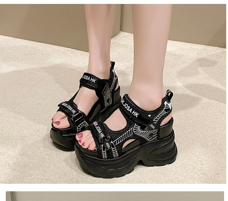 Wedge Heel Adhesive Strap Lettering Print Mesh Slingback Sandals